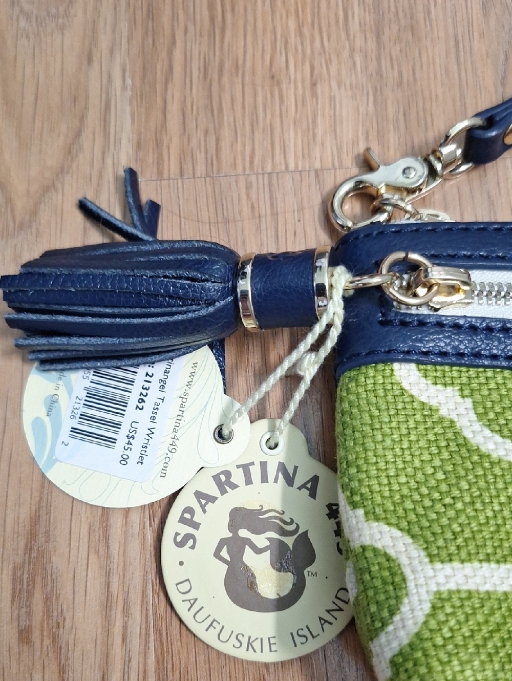 Spartina 449 Leather Linen Lime Green and Navy Patterned Wristlet - Picture 3 of 10